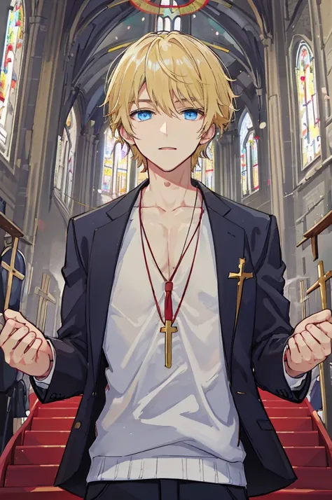 a handsome man，adult，flat chest，father，blond，blue eyes，temple，church，