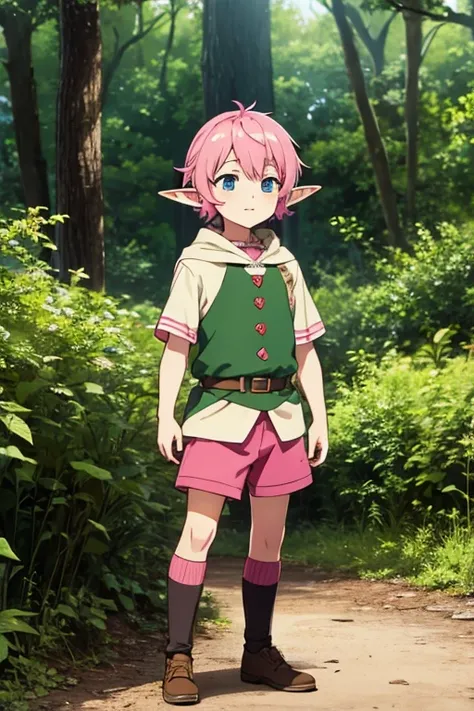 Little elf boy with pink hair, In the woods