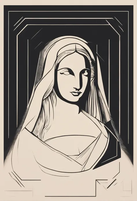 art gallery logo, simple minimalistic illustrative, bold outline, bold colors, black outline line art of the mona lisa in a frame in the middle of the image with a paintbrush on the side of it, simple shapes, centered, symettrical