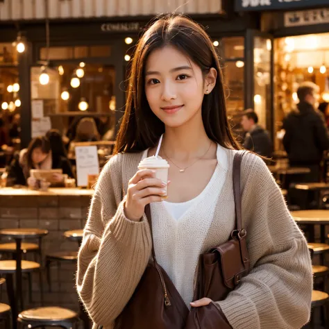 (realistic、High resolution:1.3), charming european girl , cafe , crowded cafe