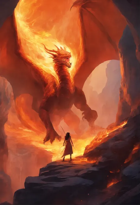 cave, fire, a man engulfed in fire reaches out to a girl, there is a dragon behind