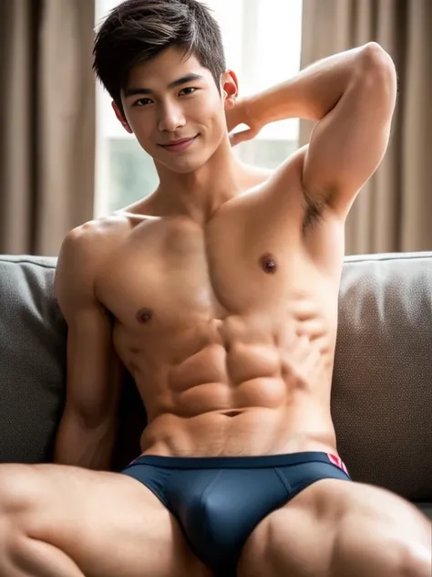 Japanese male model in a briefs, Full Body Shoot, Quiff haircut, look at camera, detailed facial parts, Manly, Charmer, Active Boy, sitting on sofa, open legs, Freestyle Pose, Happy Expression, perfect anatomy, symmetric body, asian boy 19 years old, shirt...