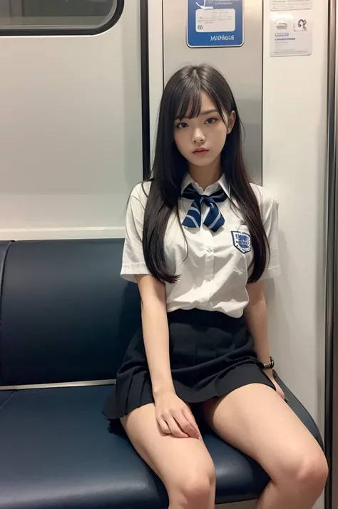 (realistic:1.3), 8K，Photoreal，super fine clear，face with shadow, Depth of written boundary, school uniform, high school girl，uniform，dark blue skirt beautiful detailed illustration,great art,(((very detailed)))
1 girl sitting,bangs,
cowboy shot,
,(((very d...