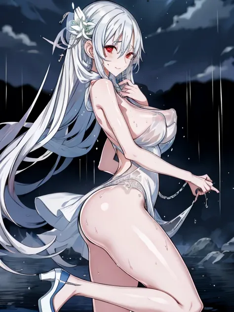 1girls, arms behind back, rain, seductive, (4K,realistic,highres,absurdres,masterpiece:1.2),((cinematic lumination)),deep depth of field,charming face,bloom,white dress,(covered pointy nipples:1.1),big sagging breasts,(smiling:0.6),young female,  looking a...