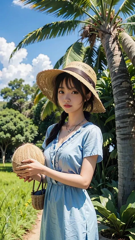 girl in rice fiels,blue sky and coconut tree