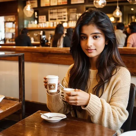 beautiful indian woman、Drinking coffee in a café、crowded indian cafe