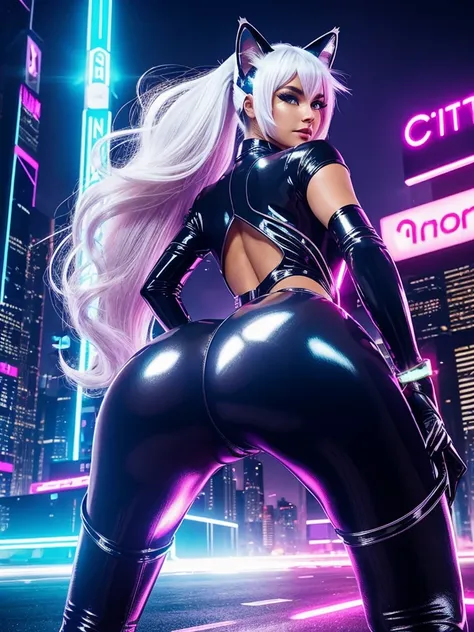 Gorgeous cat woman, futuristic sexy shiny mirror neon costume, Open legs, big breasts, big ass, Slim waist, city   of the future, neon lighting, white long hair, cat ears, back view, ass close-up