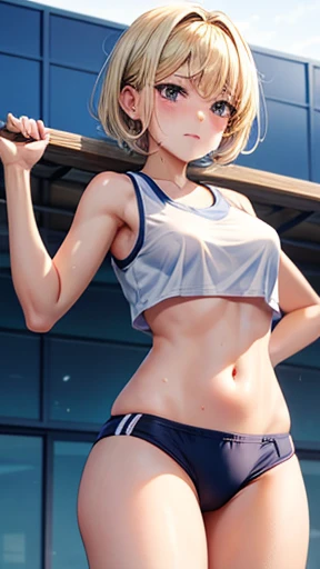 Japanese junior and senior high school girl Athletics Club activities Frontal view of the moment of long jump landing Beautiful girl Blonde Short hair Small breasts Beautiful legs Delicate and beautiful skin White tank top Navel exposed Sweating profusely ...