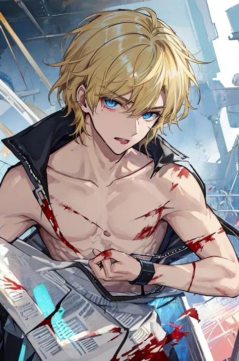 a handsome man，adult，Idol，blond，blue eyes，clavicle，Injuried，wounds，a little bit of blood，full-body shot，