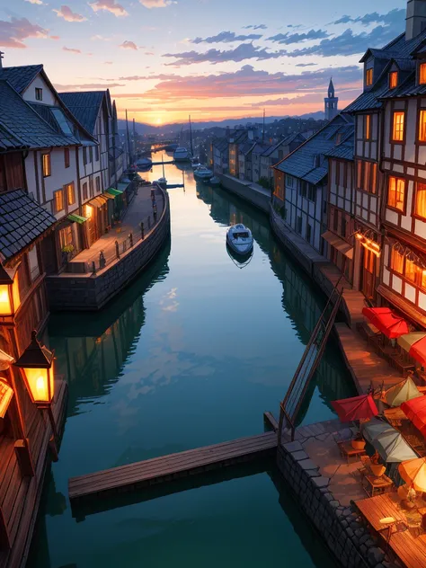 （（（masterpiece、Highest image quality、highest quality、highly detailed unity 8ｋwallpaper）））、sunset、medieval port town