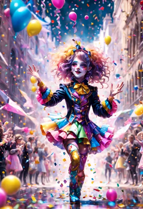 llumination metallic gratescape fantasy land adorable darling dancing harlequin throwing confetti in a confetti filled parade with mesmerizing hazel eyes, showered in confetti branded welding, ultradetailed, fine-tuned realism, eccentric glass, astrophotog...