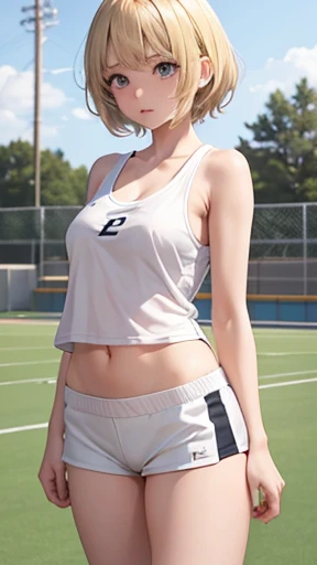 Japanese junior high and high school girl Athletics Club activities Outdoors During a sprint competition Goal scene Beautiful girl Blonde Short hair Small breasts Slim Beautiful legs Delicate and beautiful skin White tank top Navel exposed Sweating profuse...