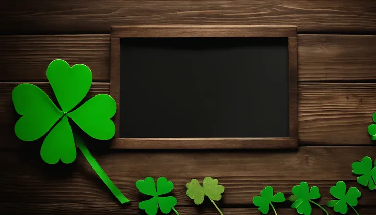 A high-resolution image showcasing a blank St. Patrick’s Day template, with a rustic wooden background, empty spaces for text or graphics, and decorative elements like clovers or Irish flags, providing a warm and inviting setting for personalized designs.