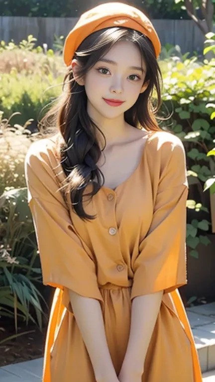 A nice and cute ，little ，Beautiful and moving，Highest quality，Beautiful graphics，Tyndall effect，big eyes，long eyelashes，Orange clothes，Berets，perfect facial features，Clear face，Delicate lips，Smile，Clean and beautiful garden background，Gentle light，front Ph...