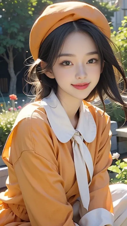 A nice and cute ，little ，Beautiful and moving，Highest quality，Beautiful graphics，Tyndall effect，big eyes，long eyelashes，Orange clothes，Berets，perfect facial features，Clear face，Delicate lips，Smile，Clean and beautiful garden background，Gentle light，front Ph...