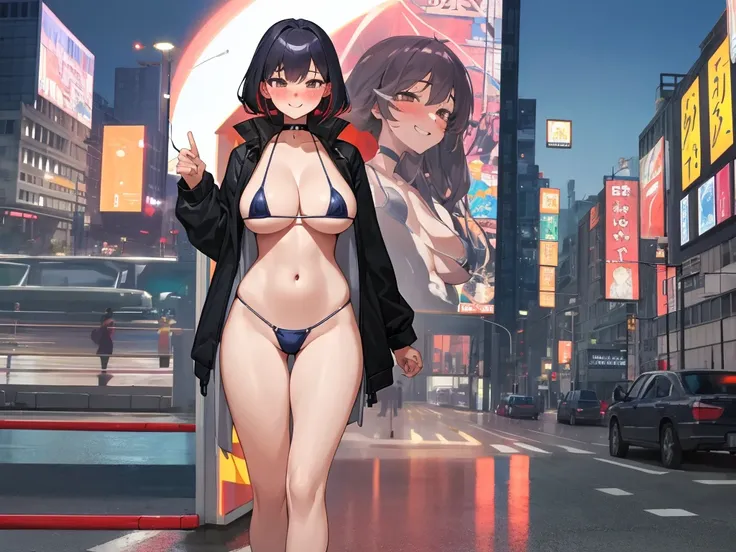 masterpiece, highest quality, （one girl）, City of night, swimsuit, choker, long jacket, open clothes, very big breasts, blush, naughty face, smile、perfect art anatomy，micro bikini，M-shaped legs，Wedgie，（Alone）