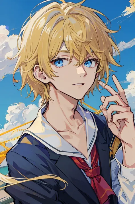 a handsome man，adult，blond，blue eyes，clavicle，school uniform，Arbitrary，(masterpiece)，(highest quality)，