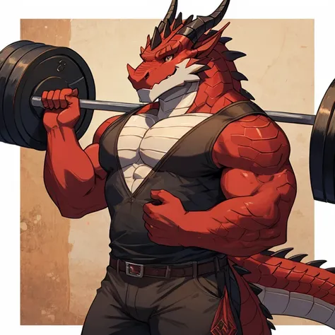 dragon，wood，horn，scales，red，weightlifting，Detailed character details