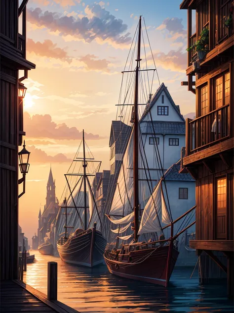 （（（masterpiece、Highest image quality、highest quality、highly detailed unity 8ｋwallpaper）））、（（fantasy、medieval port town））、（wooden sailing ship moored）、sunset