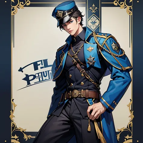 boots、Military Personnel、fullbody、hat、COOL、Blue and black colors、gentleman、fantasy、Handsome guy、My eyes are open.、Facing forward、