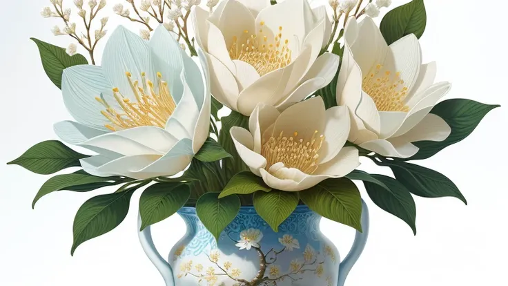 (masterpiece), ((best quality)), 8k, high detailed, ultra-detailed, A stunning artwork of white flowers blooming against a lush green background. The delicate petals of the flowers are intricately depicted in layered paper art, each layer showcasing the ye...