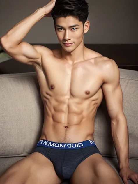 asian male model in a briefs, handsome man, Full Body Shoot, kpop hair, look at camera, detailed facial parts, Manly, Charmer, Active Boy, sitting on sofa, open legs, Freestyle Pose, Happy Expression, perfect anatomy, symmetric body, asian boy 19 years old...