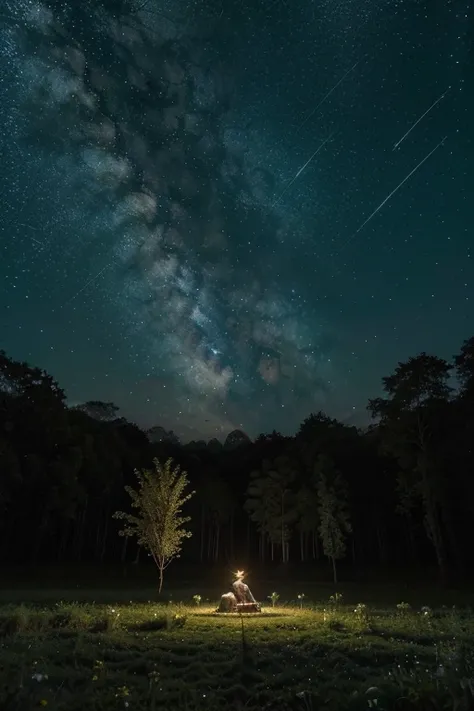 (melhor qualidade, obra de arte aguarela ) uma floresta com um campo estrelado com estrelas cadentes de noite estilo aquarela ( com estrelas e  uma estrela cadente , no ceu norturno em uma floresta )