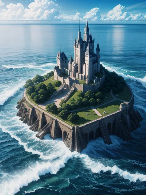 （（（masterpiece、Highest image quality、highest quality、highly detailed unity 8ｋwallpaper）））、（（A castle on a lonely island））、（Ocean）、Dock