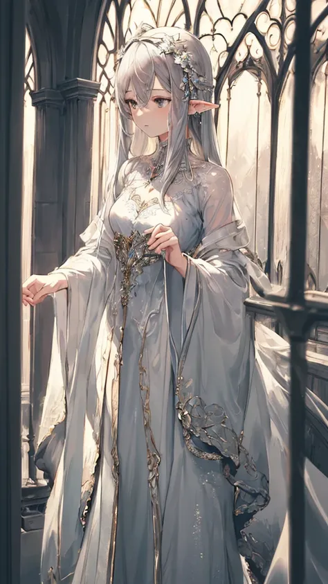 {{{{masterpiece}}}}, ((very delicate and beautiful)), {{very detailed and delicate}},girl, alone, gray hair、beautiful hair like a jewel,(((Standing picture))),elf ears,(((Less exposure))),Cool look,((high resolution)),face forward