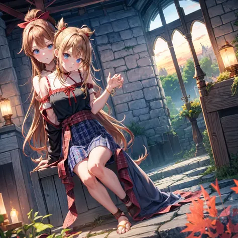 reddish-brown blonde、blue hair、blue eyes、ponytail、one good looking girl、solo、anime、Plaid miniskirt、camisole、sitting、black t-shirt、Tilting your face、Doing the ribbon、Ribbon at waist、sunset sky、broken stone steps、Remains、tunnel、Fallen leaves、Light and shadow...