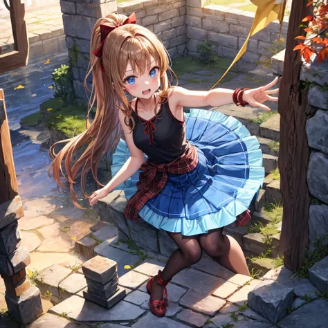 reddish-brown blonde、blue hair、blue eyes、ponytail、one good looking girl、solo、anime、Plaid miniskirt、camisole、sitting、black t-shirt、Tilting your face、Doing the ribbon、Ribbon at waist、sunset sky、broken stone steps、Remains、tunnel、Fallen leaves、Light and shadow...