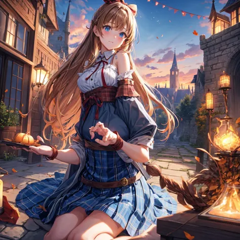 reddish-brown blonde、blue hair、blue eyes、ponytail、one good looking girl、solo、anime、Plaid miniskirt、camisole、sitting、black t-shirt、Tilting your face、Doing the ribbon、Ribbon at waist、sunset sky、broken stone steps、Remains、tunnel、Fallen leaves、Light and shadow...