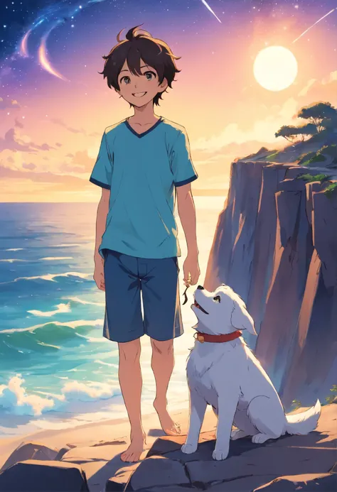 Universal Weight Tarot Card Number 0 Fool, A smiling boy with a happy expression standing on a cliff on a beach like the Milky Way, A white puppy is barking and following from afar..