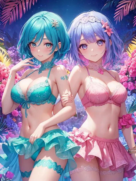 (high quality),Again:zero,(2 girls(one person has blue hair,one person has pink hair),short hair,blue and yellow eyes,very beautiful girl), ((front standing pose,beautiful navel,), cute, shy), detailed hairstyle, lace detail, garter belt, walk, play, Rainb...