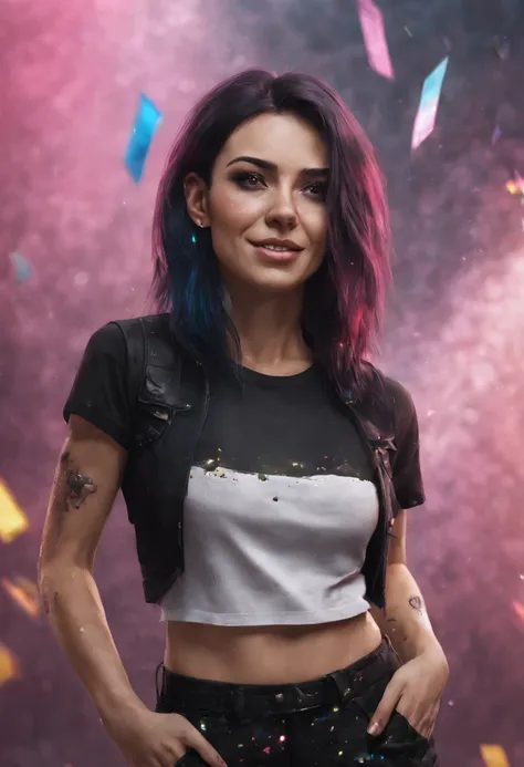 latin beautiful woman. smile. pink dark hair. cyberpunk style. brown eyes. tight black pants. tight black t-shirt. lights. confetti raining down. joyous celebrations. detailed matte painting, deep color, fantastical, intricate detail, splash screen, comple...