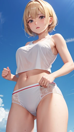 Japanese junior high school girl Athletics Club activities Outdoors Raise both arms wide Legs apart Running Beautiful girl Blonde Short hair Small breasts Slim Beautiful legs Skin is delicate and beautiful White tank top Tank top is transparent White under...