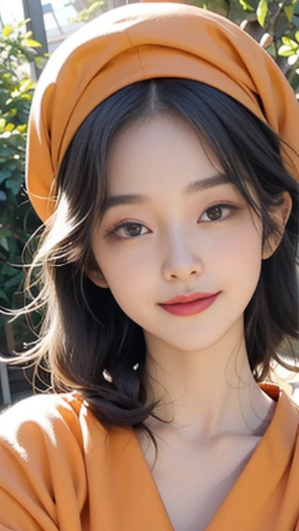 A nice and cute ，little ，Beautiful and moving，Highest quality，Beautiful graphics，Tyndall effect，big eyes，long eyelashes，Orange clothes，Berets，perfect facial features，Clear face，Delicate lips，Smile，Clean and beautiful garden background，Gentle light，front Ph...