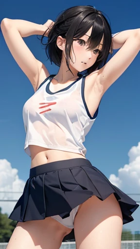 Japanese junior high school girl Athletics Club activities Outdoor Raise both arms wide Open legs Running Beautiful girl Black hair Short hair Small breasts Slim Beautiful legs Skin is delicate and beautiful White tank top Tank top is transparent White und...