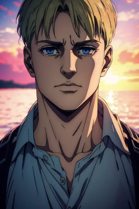 (best quality, highres, masterpiece:1.2), ultra-detailed, (realistic, photorealistic, photo-realistic:1.37), Male character, Mappa art style, Blue eyes, Medium blonde hair, Sharp jawline, Blue shirt