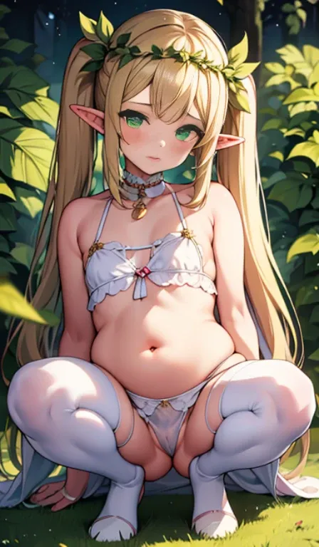 1 girl, 14 years, girl, Elven Woman, leaf circlet on head, gentle expression, soft smile, blonde hair,twin tails, green eyes, small breasts, flat chest ,chubby belly, wide hips, big ass, thick thighs, white elf silk gown, white stockings, face forward,spre...