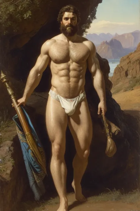 an attractive, full-body, muscular, hairy, handsome boatman, with a large bulge::, tiny white briefs, hairy chest, highly detailed painting by Gaston bussiere, craig mullins, j. c. leyendecker, alphonse mucha, 8 k, looking at viewer, high detail, sharp foc...