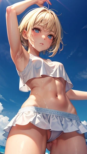 European junior high school girl track and field club activities Raise both arms wide Legs apart Running Beautiful girl Blonde Short hair Small breasts Slim Beautiful legs Skin is delicate and beautiful White tank top Tank top is transparent White underwea...