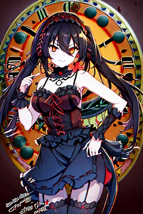 kurumitokisaki, tokisaki kurumi, (clock eyes:1.5), black hair, long hair, twintails, (hair over one eye:1.3), (red eyes:1.5), (big breast:1.4), smug smile, gothic, pantyhose, black pantyhose, (cowboy shot:1.5),(masterpiece:1.2), best quality, high resoluti...