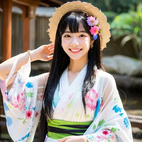 Full body Thai woman, 25 years old, long black hair, bangs, white skin, outstanding beauty, cute smile, paint splashed on the face and body until stained.  Wear a light kimono.  Extra fine texture  There are hair accessories, earrings, flower hair accessor...