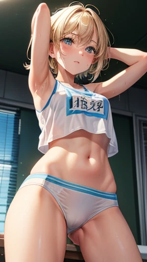 European junior high school girl track and field club activities Raise both arms wide Legs apart Running Beautiful girl Blonde Short hair Small breasts Slim Beautiful legs Skin is delicate and beautiful White tank top Tank top is transparent White underwea...