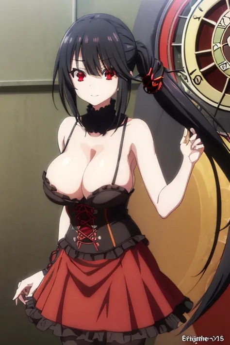 kurumitokisaki, tokisaki kurumi, (clock eyes:1.5), black hair, long hair, twintails, (hair over one eye:1.3), (red eyes:1.5), (big breast:1.6), smug smile, gothic, pantyhose, black pantyhose, (cowboy shot:1.5),(masterpiece:1.2), best quality, high resoluti...