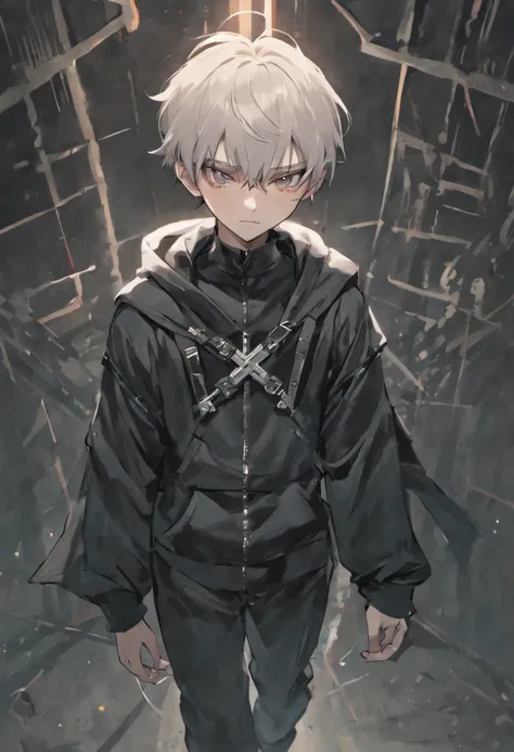 anime characters，Two-dimensional image，full body portrait，white skin，white skin，10 year old boy，battle scene，White hair，black pupils，Pure black eyes，Silver-toned stud earrings，exhibit，cross，bandage，手上有bandage，Short hair details，Handsome，horny boy，Highest i...