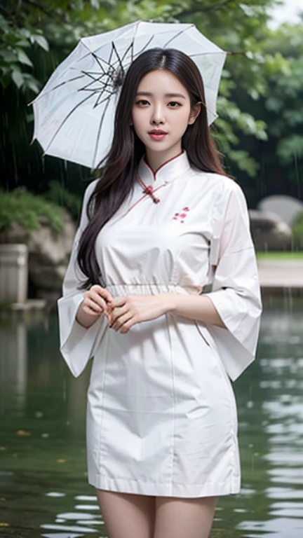 a girl araffe asian woman in white  dress holding umbrella in rain, gorgeous chinese model, beautiful asian girl, chinese girl, beautiful girl model, pretty girl standing in the rain, very beautiful girl, chinese style, asian girl, chinese woman, beautiful...