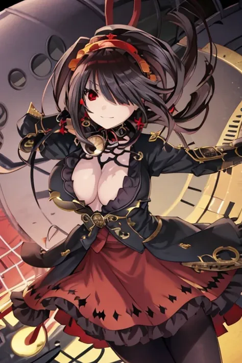 kurumitokisaki, tokisaki kurumi, (clock eyes:1.5), black hair, long hair, twintails, (hair over one eye:1.3), (red eyes:1.5), (big breast:1.6), smug smile, gothic, gothic dress, pantyhose, black pantyhose, (cowboy shot:1.5),(masterpiece:1.2), best quality,...