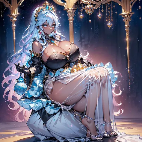 (((gigantic breasts))),((((((dark skin)))))(((vulgarity))(((large areolae)))(1girl),  (((dark skin))), (((see-through dress)))((vulgarity)) (in heat) (sweat) (masterpiece) ((high resolution)) (gigantic breasts)),masterpiece,best quality,ultra-detailed,an e...